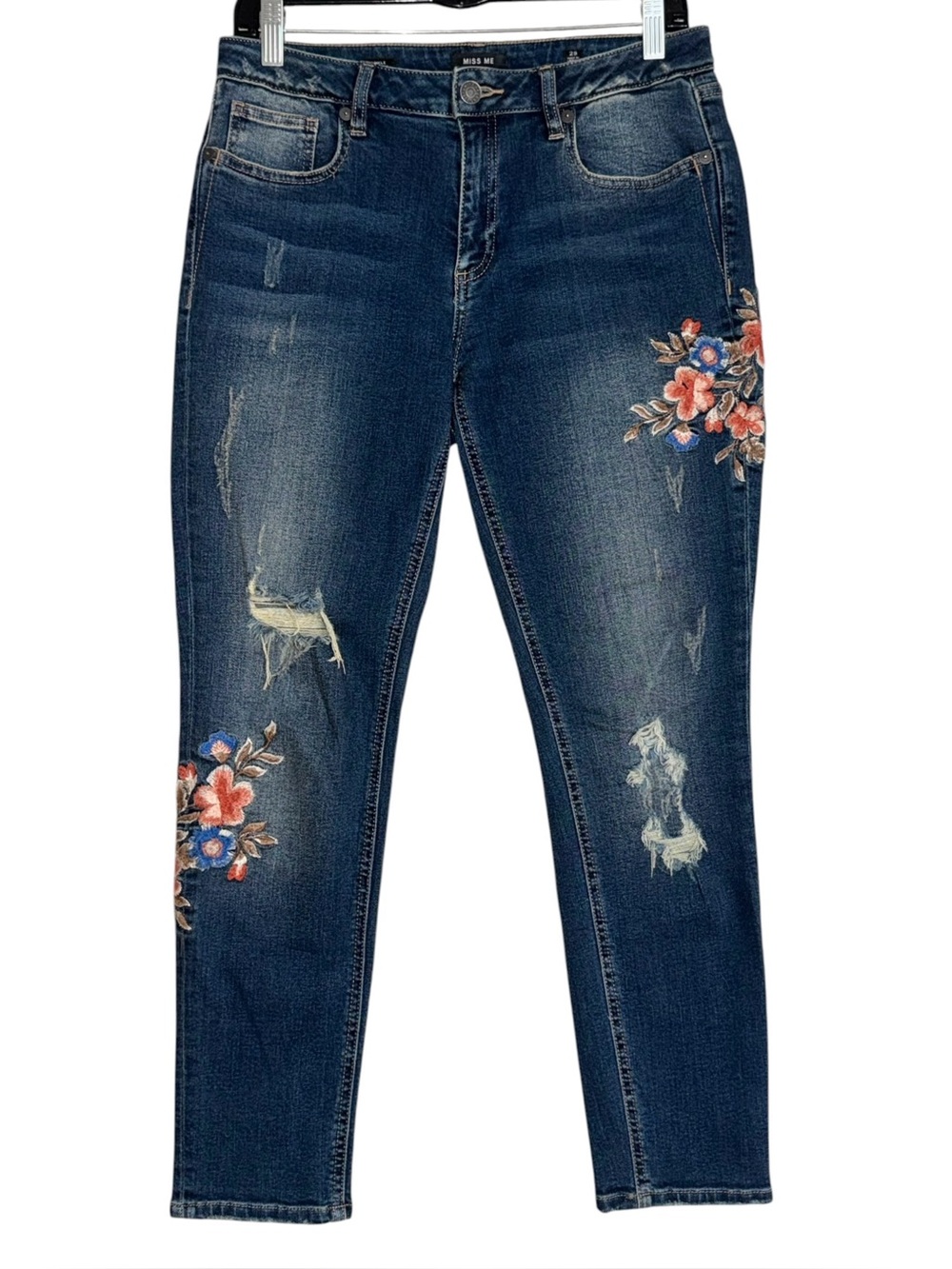 MISS ME Floral Embroidered Distressed Mid Rise Ankle Skinny Jeans Size 29